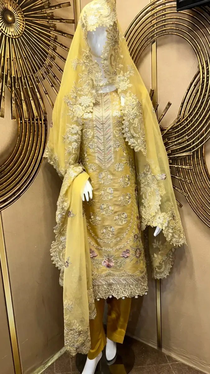 Yellow Embroidered 3 Piece