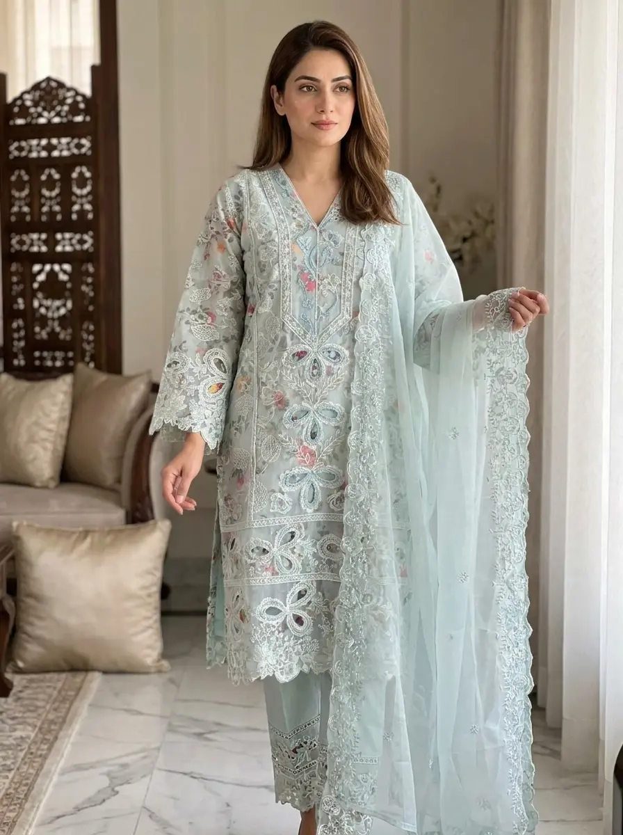 Aqua Organza Embroidered Suit