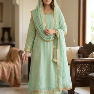 Mint Green Gold Embroidered Maxi