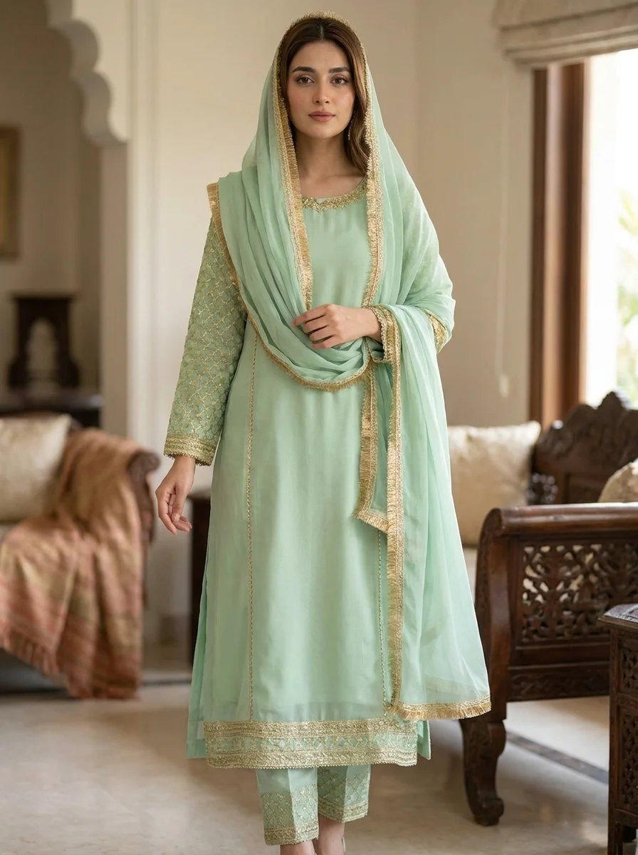 Mint Green Gold Embroidered Maxi