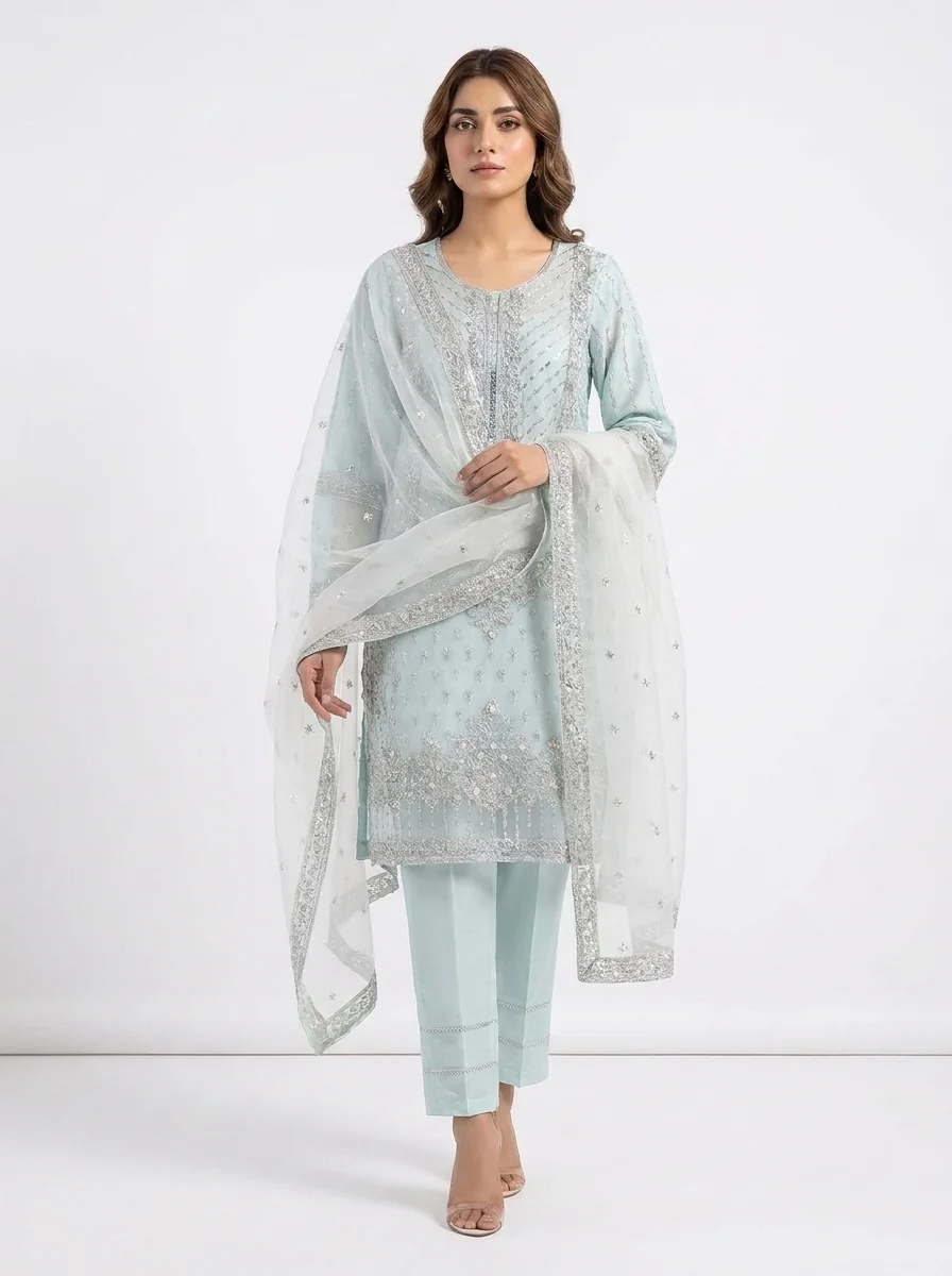 Mint Green Fully Embroidered Suit