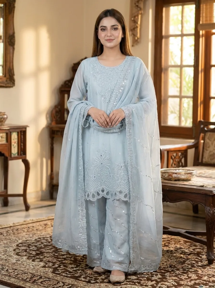 Powder Blue Embroidered 3-Piece Suit